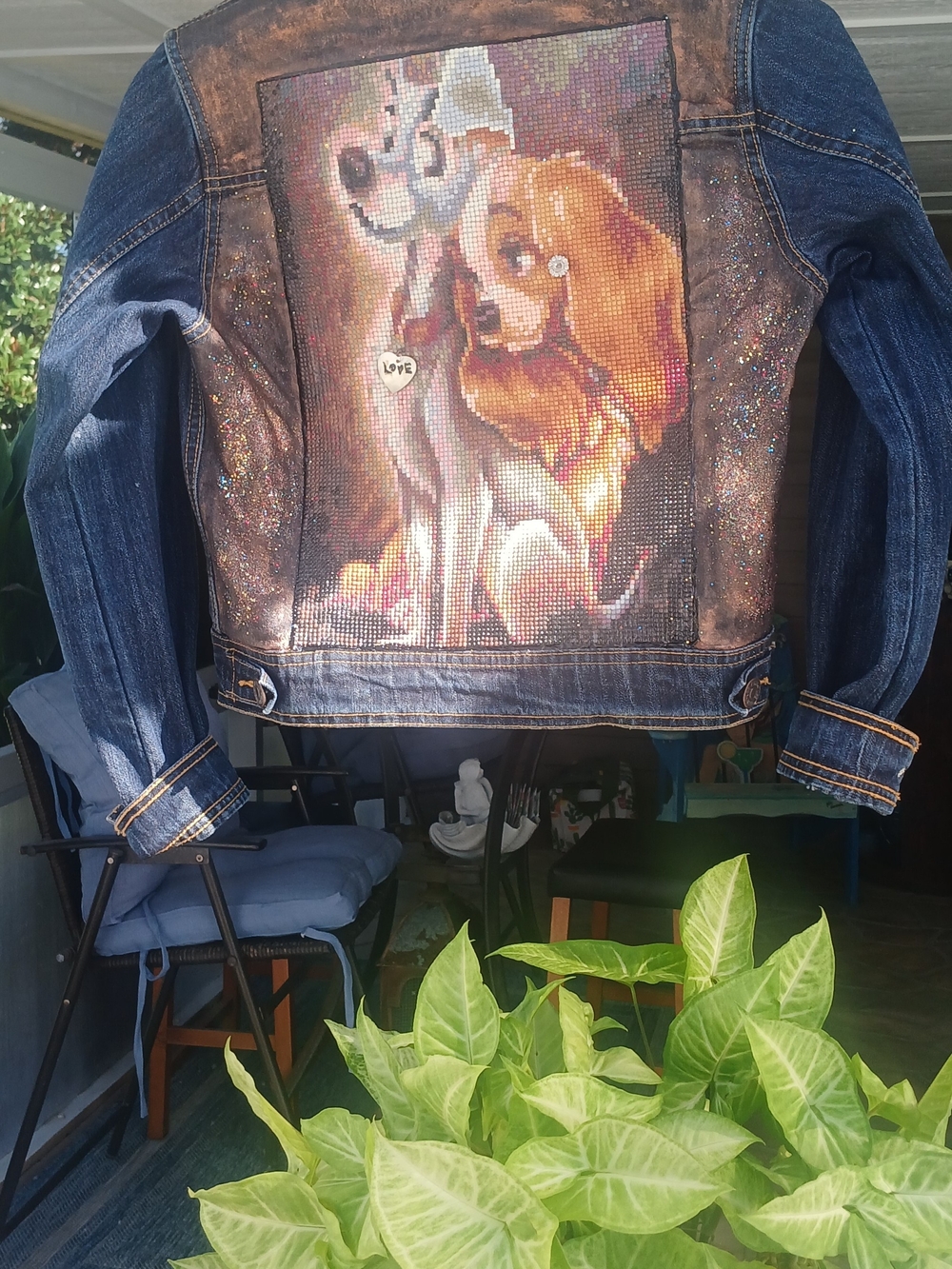 Cherokee Blue Denim Jacket with Brown Accent and Dog Graphic
